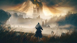 A knight in armor views a mystical castle enveloped by mist and backlight by a golden sky in a fantastical landscape.