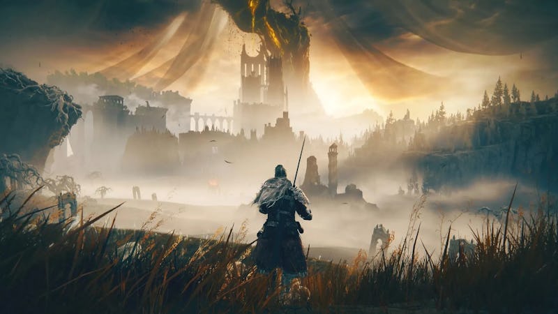 A knight in armor views a mystical castle enveloped by mist and backlight by a golden sky in a fanta...