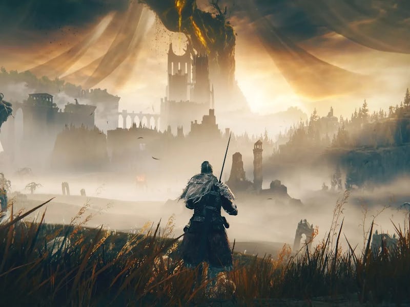 A knight in armor views a mystical castle enveloped by mist and backlight by a golden sky in a fanta...