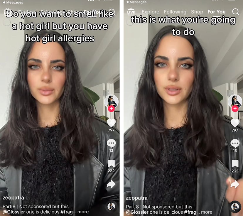 Screenshots from a TikTok about perfumes that work for people with allergies.