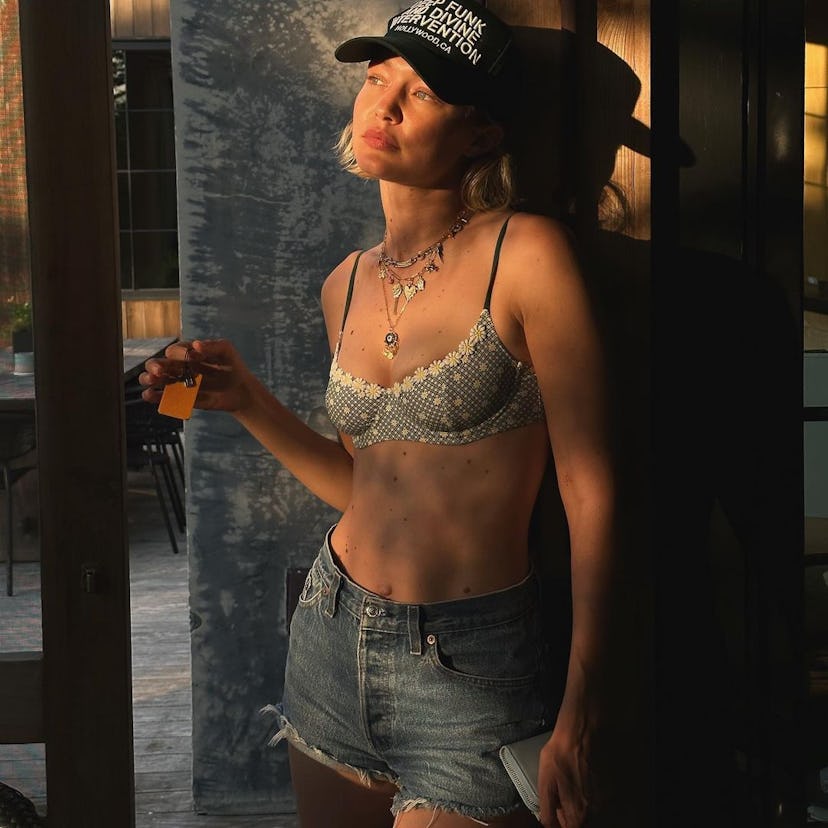 Gigi Hadid Daisy Print Bikini Trucker Hat Jean Shorts