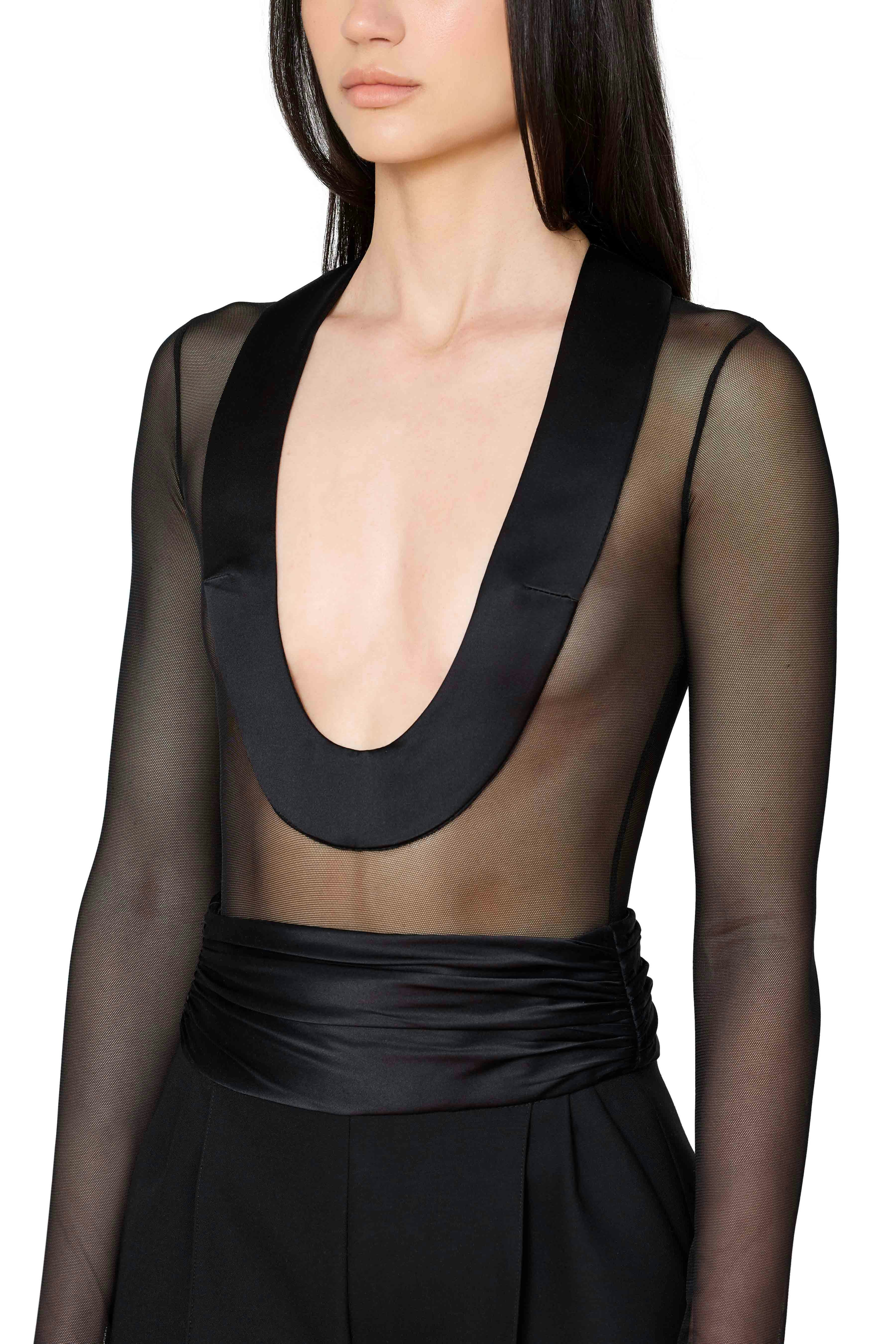 Semi-Sheer Scoop Neck Long Sleeve Satin Trim Bodysuit