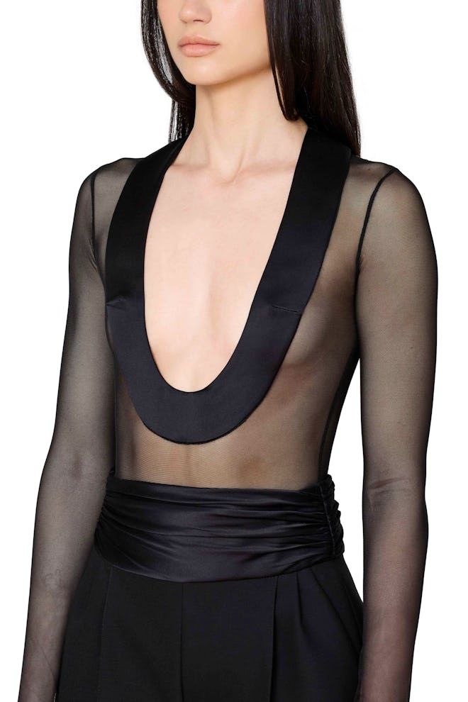 Semi-Sheer Scoop Neck Long Sleeve Satin Trim Bodysuit