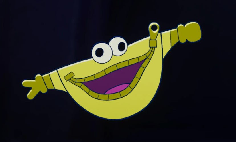 Pouchy, an anthropomorphic yellow fanny pack, smiling against a black background
