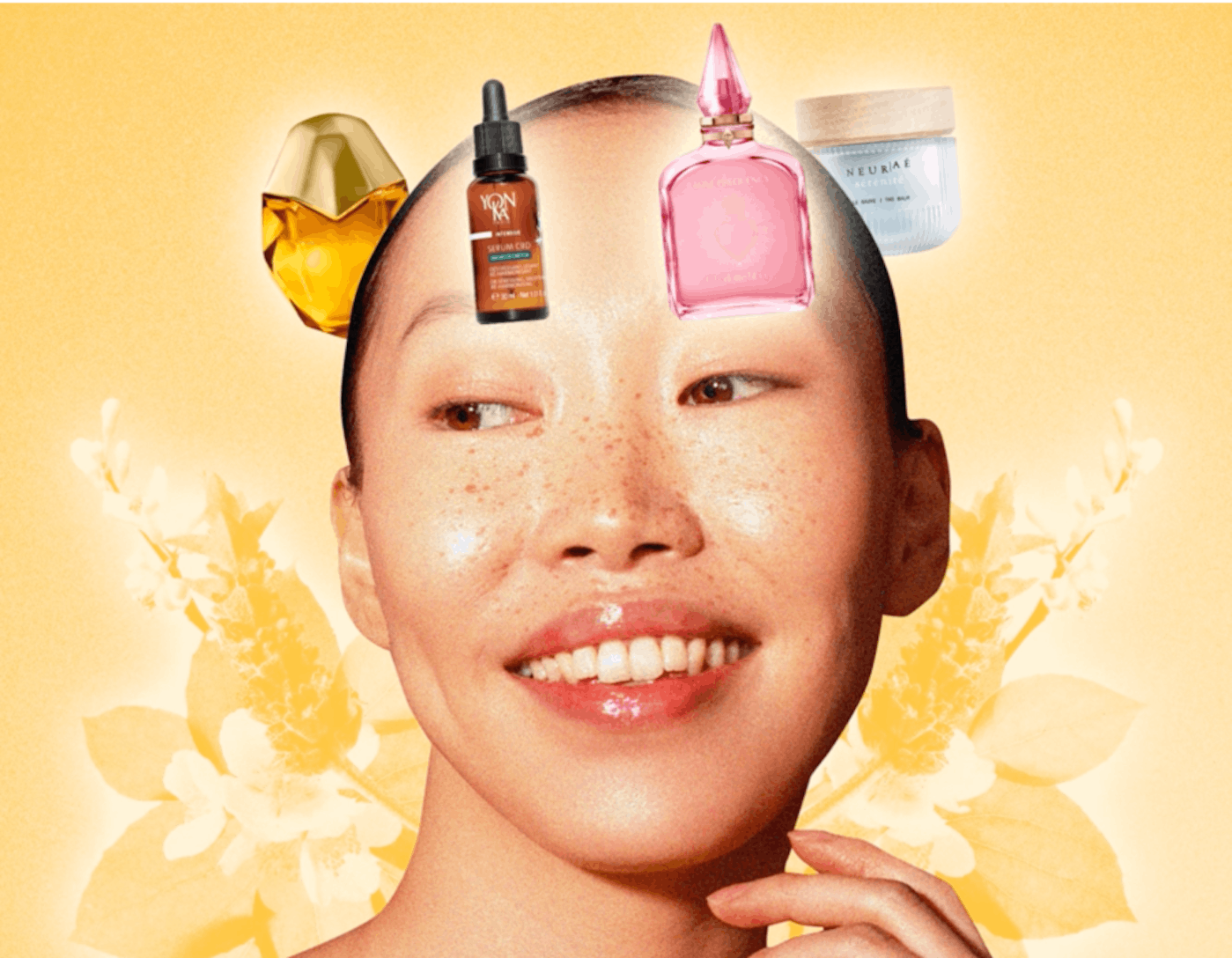 Asian woman smiling with various beauty products floating around her head against a floral backdrop.