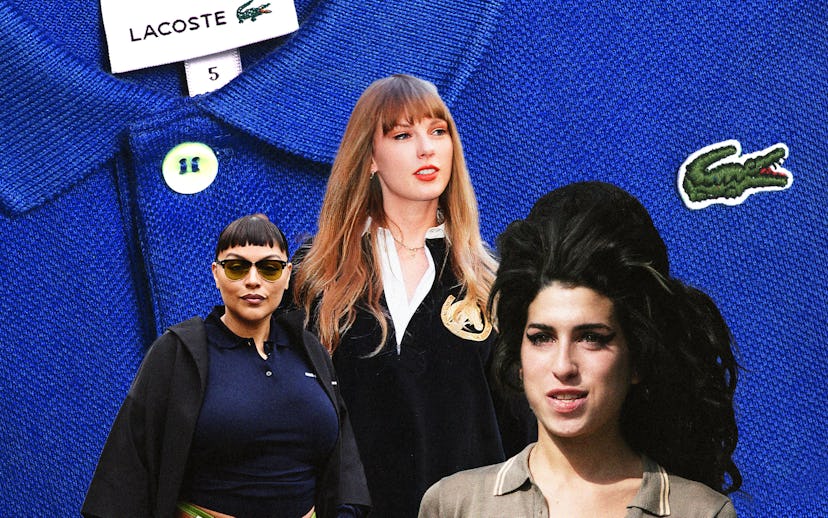 Collage of three female musicians on a blue fabric background with a Lacoste logo. Each artist portr...