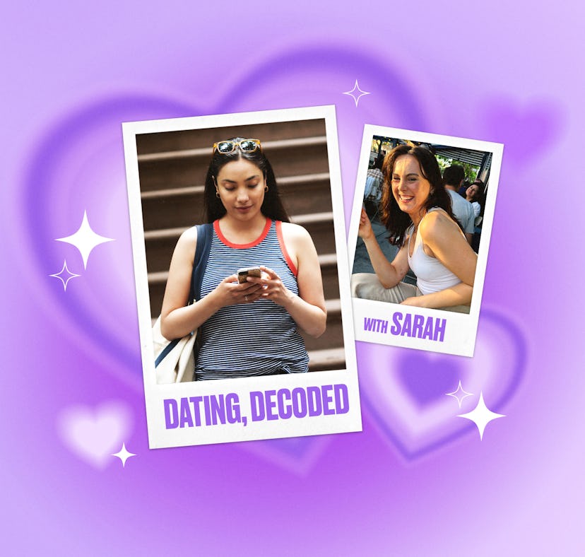 A graphic with two polaroid photos, one of a woman using her phone and another smiling woman labeled...