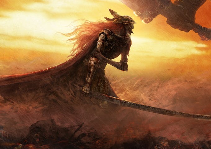 Warrior in ornate armor with flowing red hair stands on a rocky cliff, holding a long sword, as a dragon looms in the smoky sky.
