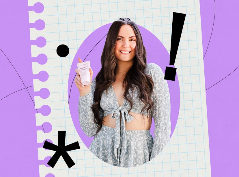 Woman smiling in a floral dress, holding a product, with a purple and white graphic background.