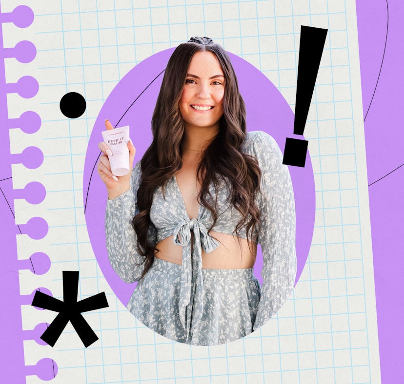 Woman smiling in a floral dress, holding a product, with a purple and white graphic background.