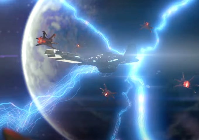 Spacecraft and fighter jets near a planet, enveloped in a storm of blue lightning.