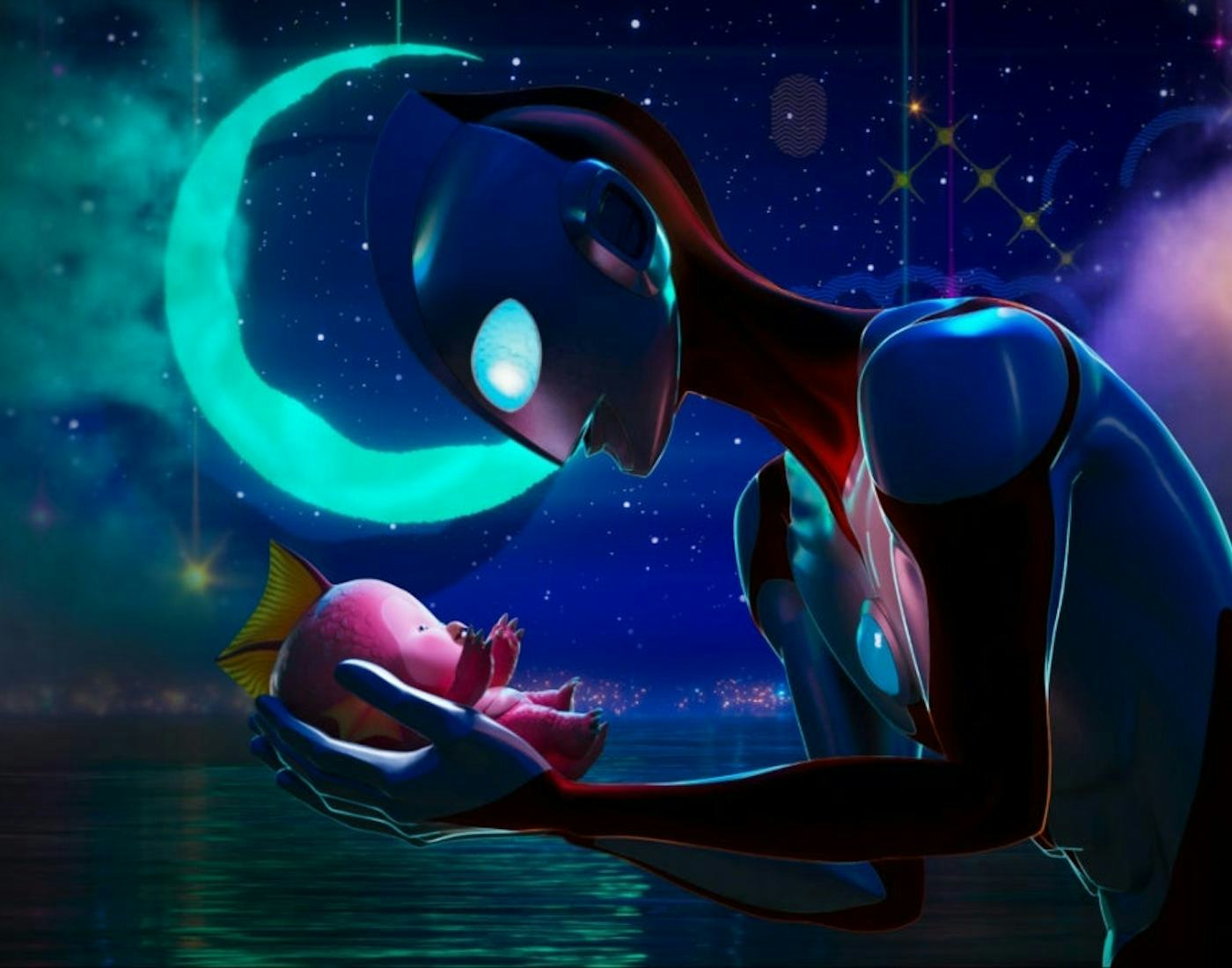 A futuristic scene where a humanoid alien holds a small, fish-like creature under a starlit sky with a large moon.