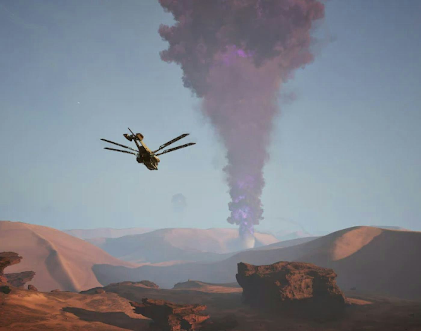 A computer-generated image of a desert landscape with a large purple smoke plume and a futuristic aircraft flying nearby.