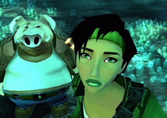 A woman and an anthropomorphic pig character from a video game stand underwater, showcased in vibrant shades of green and blue.