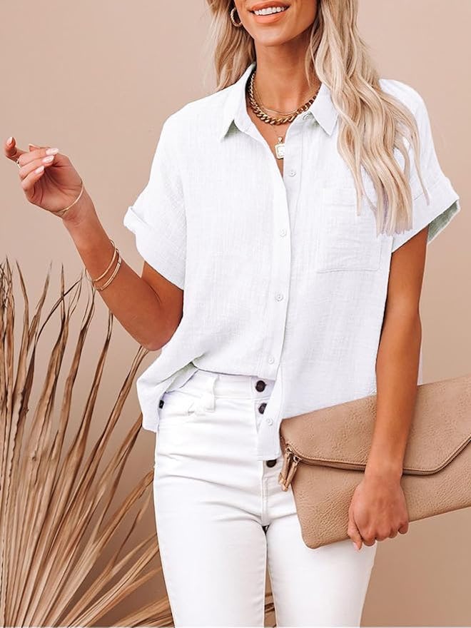 Aoudery Button Down Cotton Short Sleeve Top
