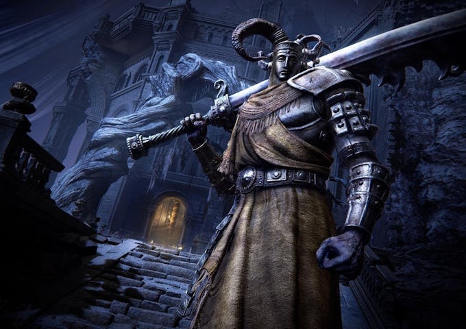 A dramatic digital artwork featuring an armored warrior with a horned helmet and a long sword, standing in front of a dark, gothic castle.