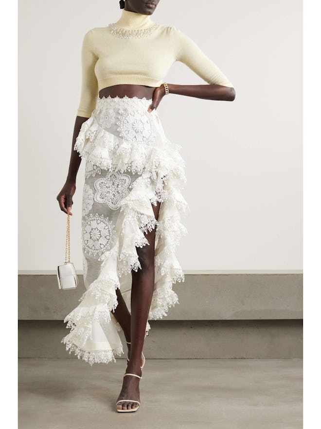 Zimmermann Matchmaker Asymmetric Lace-Trimmed Linen And Silk-Blend Midi Skirt