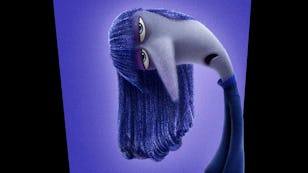 Illustration of a fictional female character with long blue hair and large expressive eyes, bending her neck intriguingly against a purple background.