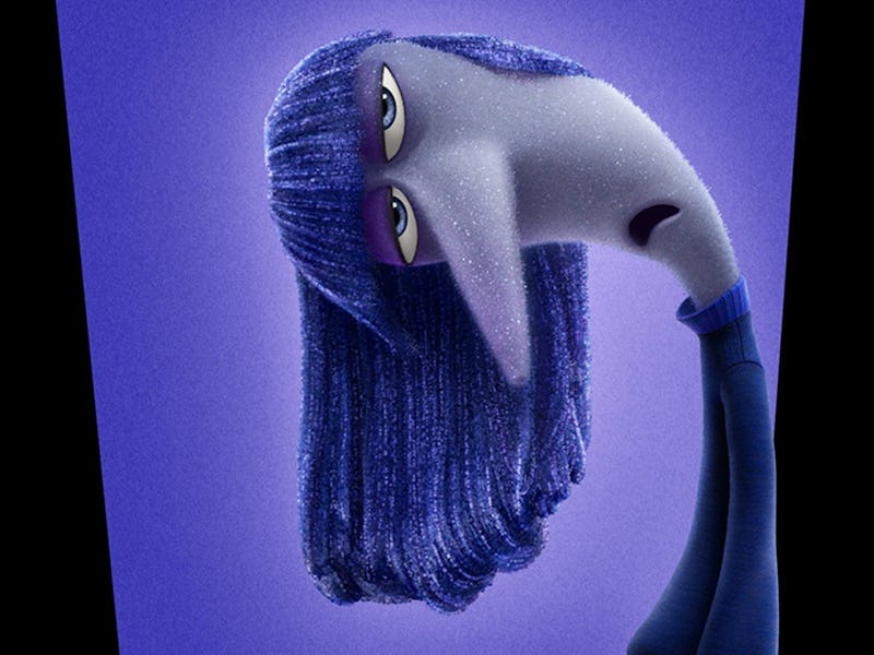 Illustration of a fictional female character with long blue hair and large expressive eyes, bending ...