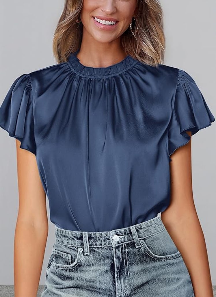 PRETTYGARDEN Satin Ruffle Short-Sleeve Top