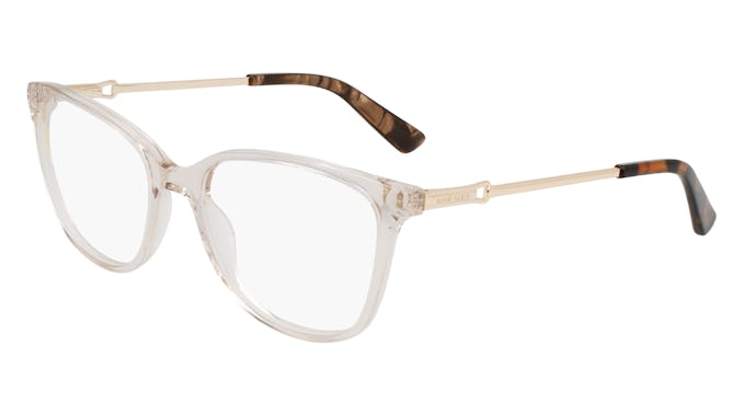 Clear-framed eyeglasses with gold accents on the hinges and brown patterned temples, isolated on a white background.