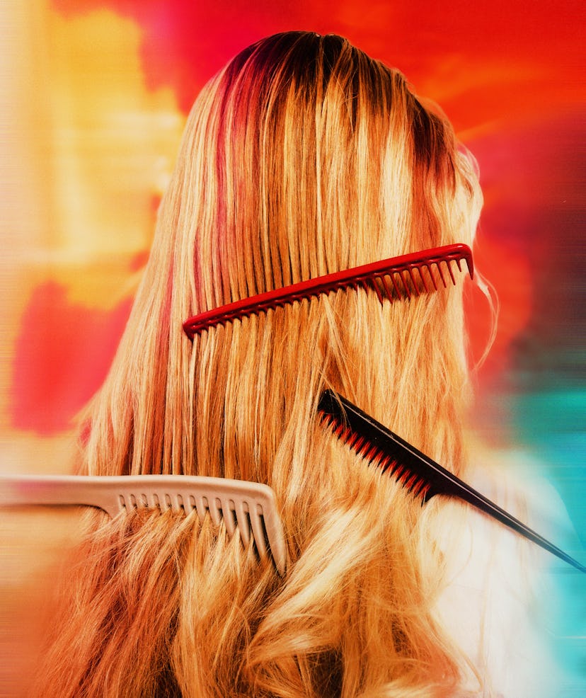 Combs running through long blonde hair to demonstrate the best hair product winners of NYLON's 2024 ...