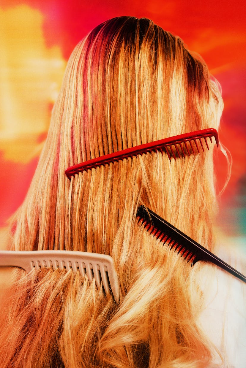 Combs running through long blonde hair to demonstrate the best hair product winners of NYLON's 2024 ...