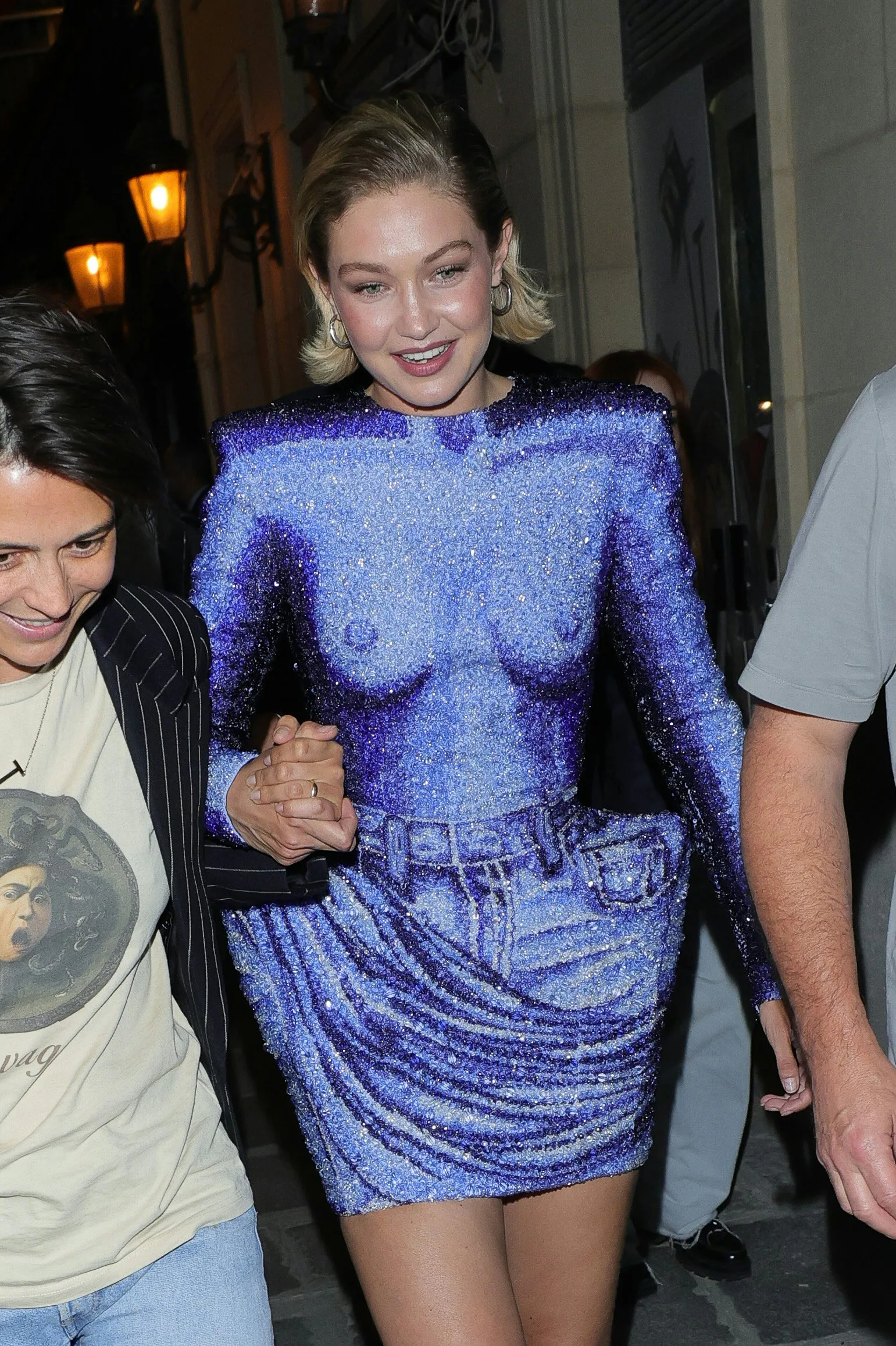 Gigi Hadid Goes Full Nude Illusion With a Glittery Balmain Dress