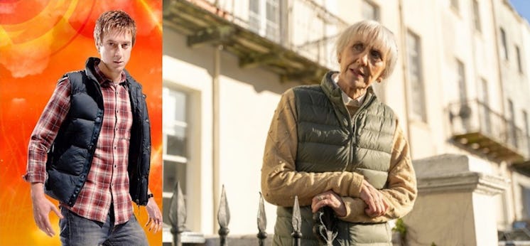 Rory Williams (Arthur Darvill) and Mrs. Flood (Anita Dobson) in two eras of 'Doctor Who.' Wearing ve...