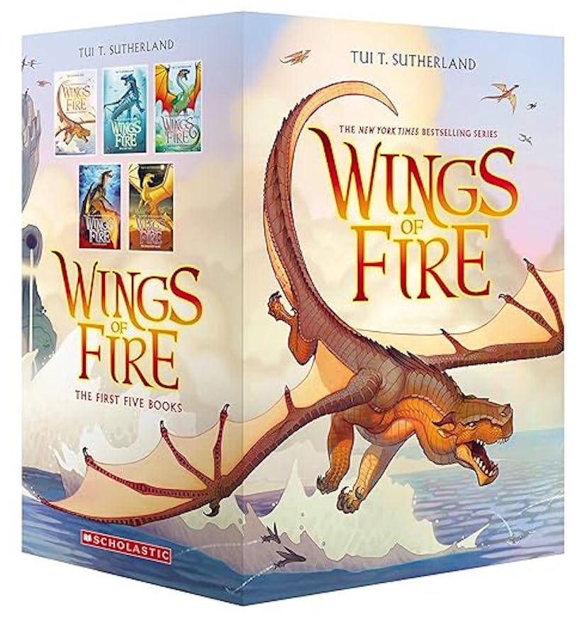 Boxed set of the first five "Wings of Fire" books by Tui T Sutherland with an illustration of a flyi...