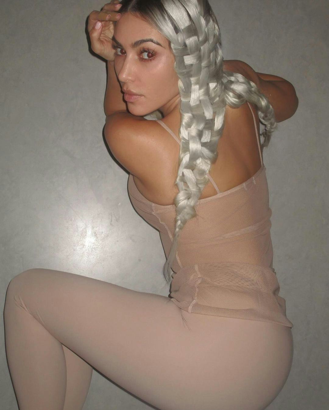 Kim Kardashian wears platinum blonde basket braids