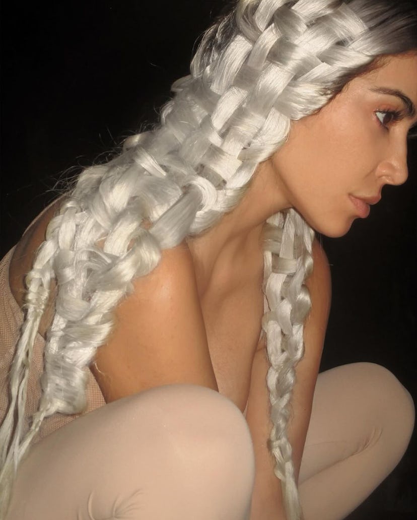 Kim Kardashian wears platinum blonde basket weave braids