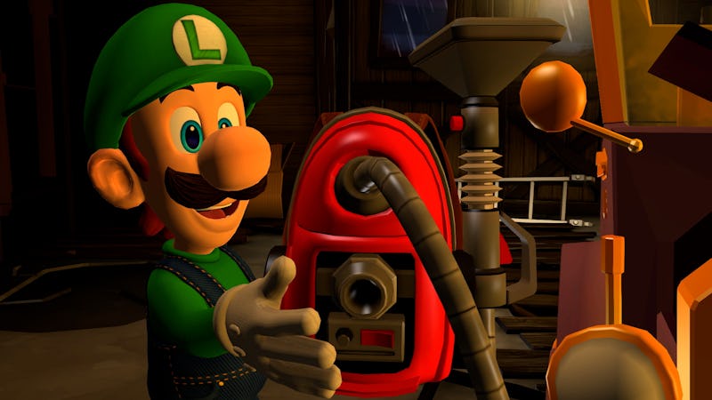 Luigi looks at his trusty Poltergust 5000.