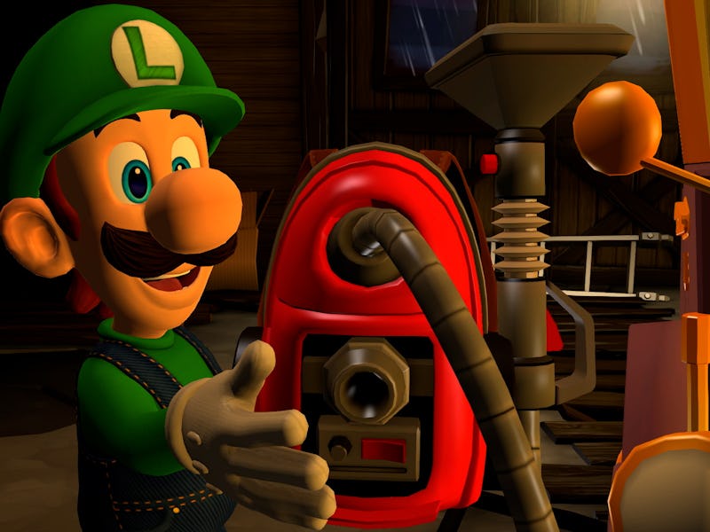 Luigi looks at his trusty Poltergust 5000.
