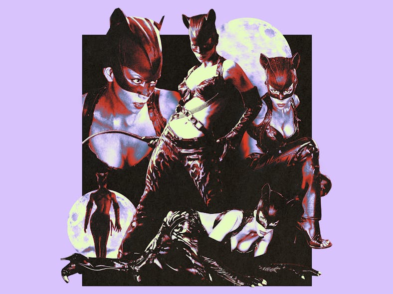 Artistic collage of multiple Catwoman illustrations in various poses against a purple background wit...