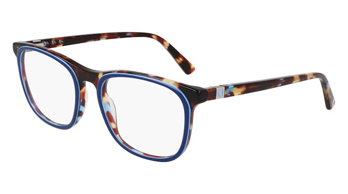 A pair of blue-framed eyeglasses with multicolored tortoiseshell pattern on a white background.