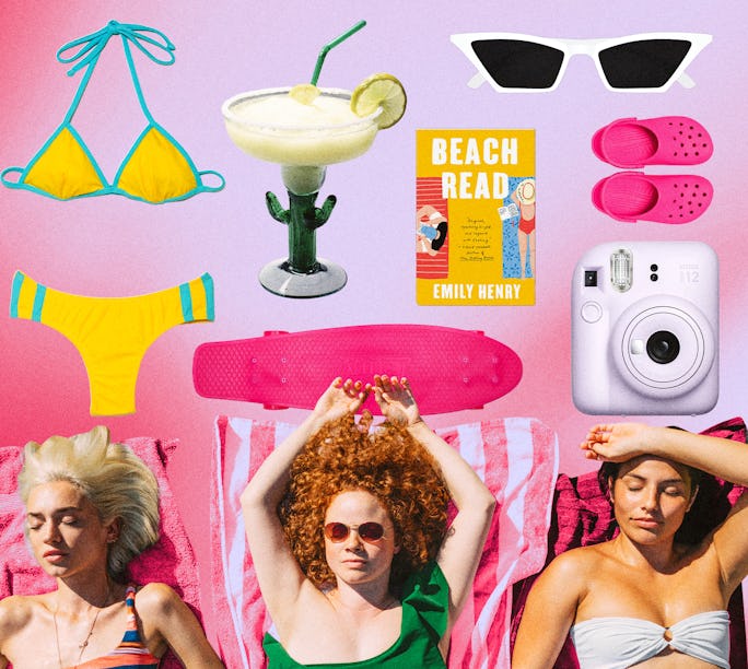 Collage of summer items and two women relaxing, featuring a bikini, cocktail, book, sunglasses, came...