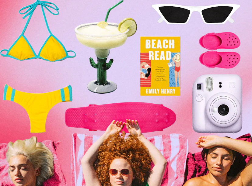 Collage of summer items and two women relaxing, featuring a bikini, cocktail, book, sunglasses, came...