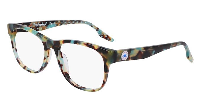 Tortoiseshell eyeglasses with rectangular frames against a white background.