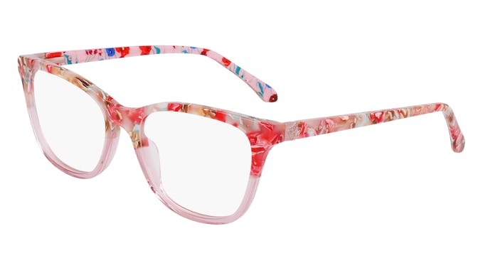 Floral patterned pink eyeglasses with clear frames on a white background.