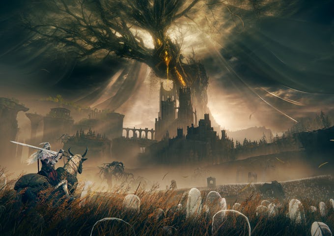 A knight on horseback overlooking a mystical landscape with a grand castle under a huge ominous tree, all bathed in a golden light.