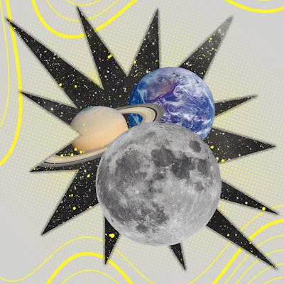 Graphic illustration of Earth, Saturn, and the Moon arranged in a triangle, surrounded by a stylized black and yellow burst pattern.