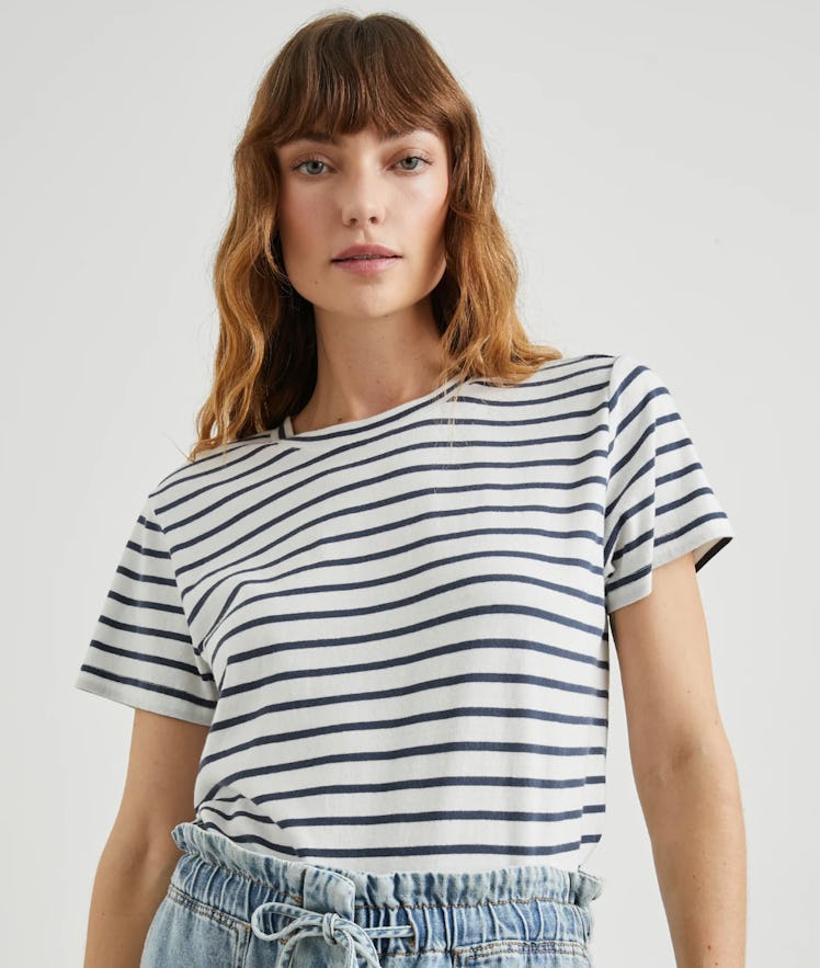 white t-shirt with navy stripes