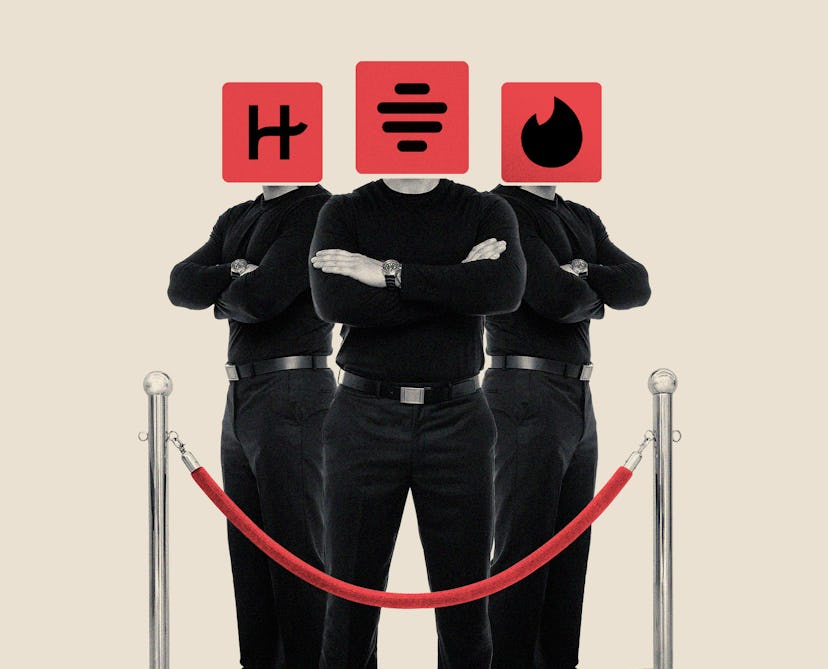 An illustration that depicts dating apps (Hinge, Tinder, and Bumble) as bouncers forbidding entry.