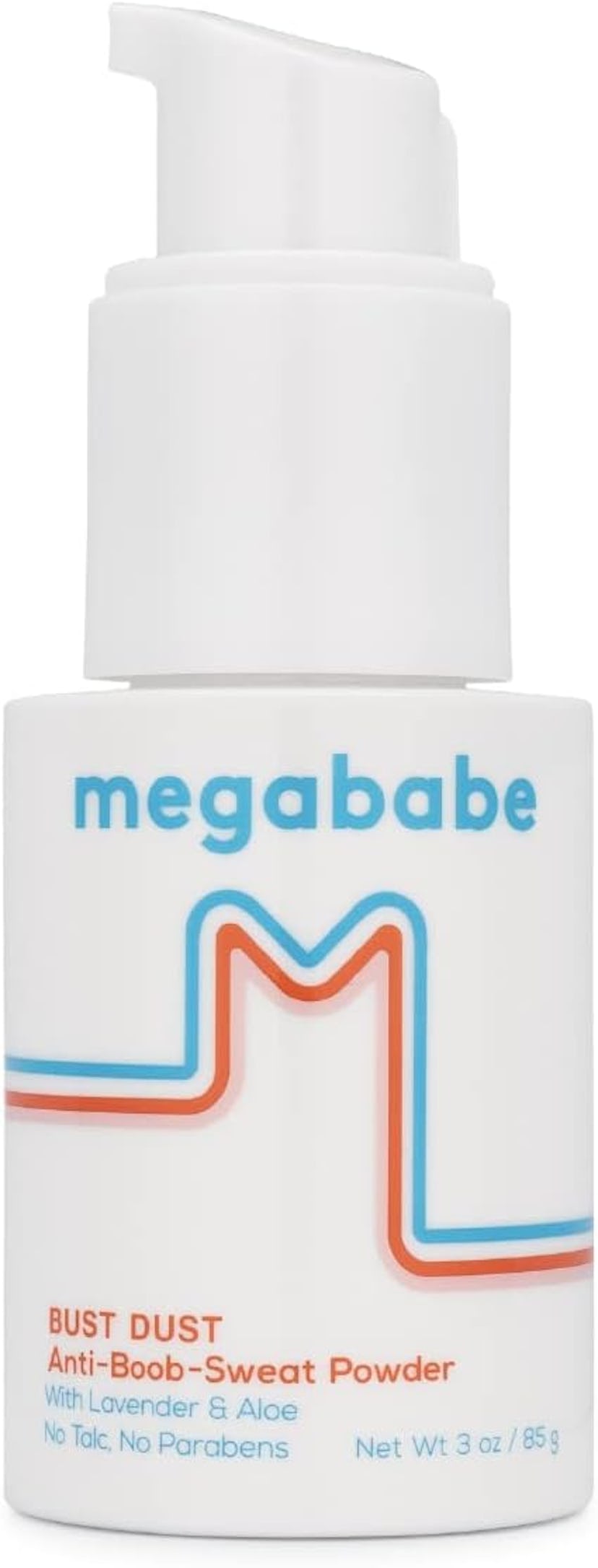 White cosmetic bottle labeled 'Megababe Bust Dust Anti-Boob-Sweat Powder' with lavender and aloe, fr...