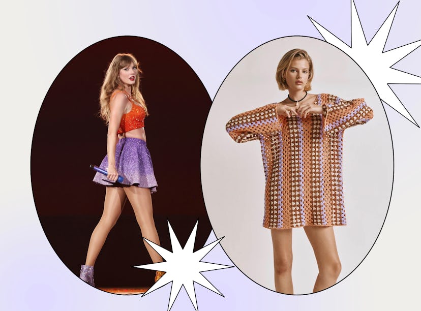 Two women in contrasting styles and poses, split by a central graphic explosion, set against a purpl...