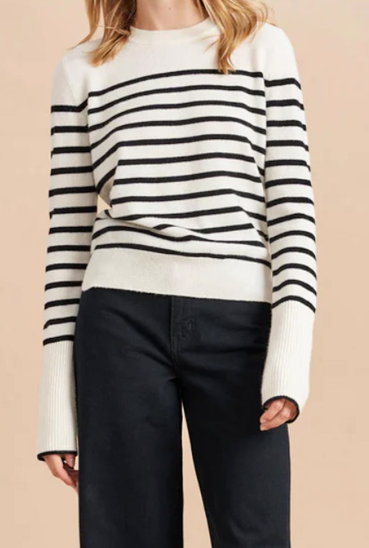 white and black striped sweater