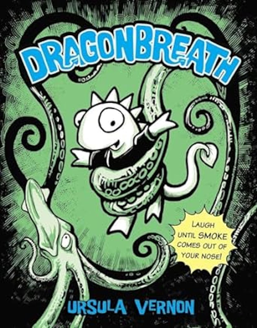 Book cover for "Dragonbreath" by Ursula Vernon, featuring a cartoon dragon laughing among swirling t...