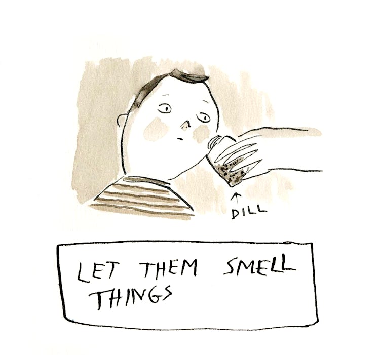 "Let them smell things" with a hand holding out DILL in a spice jar under a baby's nose 