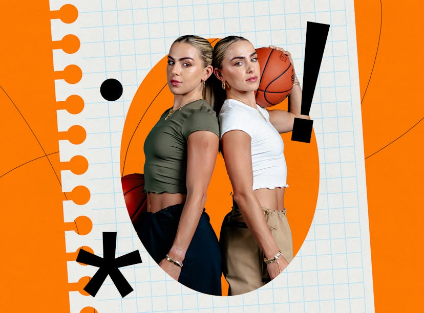 Two young women in casual attire pose back to back, with one holding a basketball, against an orange...